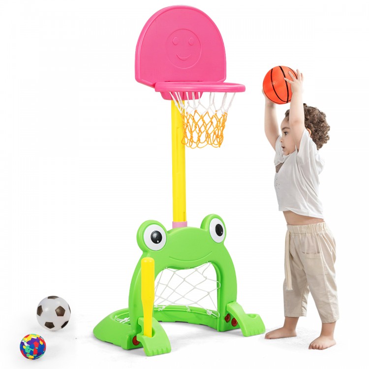 Kids basketball hoop set with frog design, made of non-toxic materials, for basketball, football, and baseball fun.