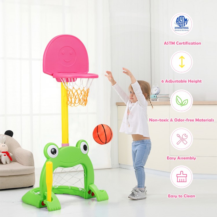 Kids basketball hoop set with adjustable height, non-toxic materials, and frog design for fun outdoor play.