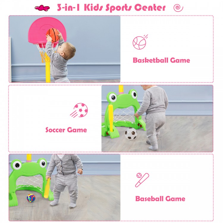 Kids 3-in-1 sports center featuring a frog-themed basketball hoop, soccer goal, and baseball setup for active play.