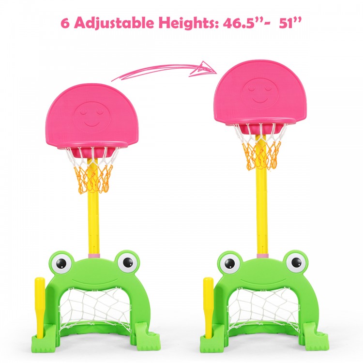 Kids basketball hoop set with frog design, adjustable heights 46.5"-51", promotes sports and coordination for ages 3-8.