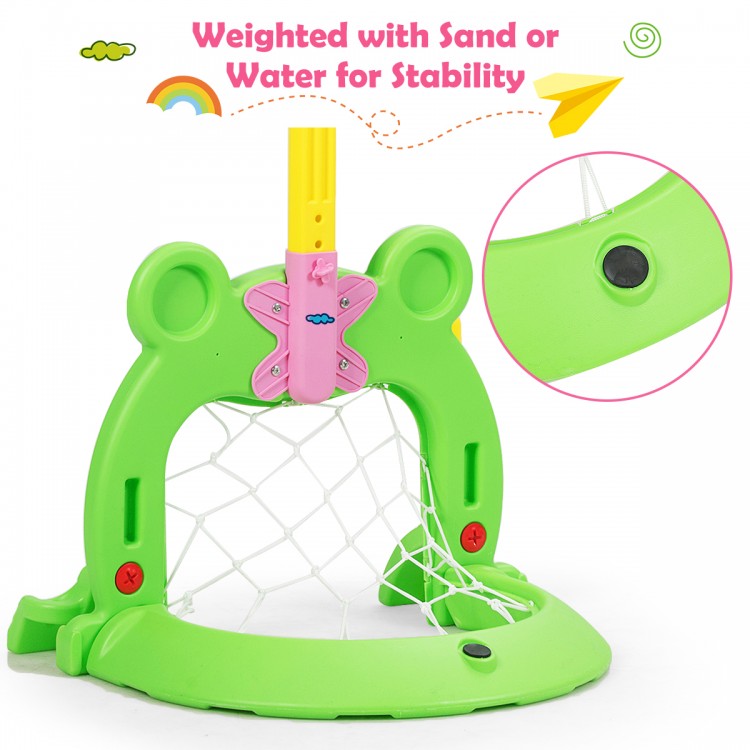 Kids 3-in-1 basketball hoop set in frog design, made of non-toxic materials, adjustable height for ages 3-8, stable.