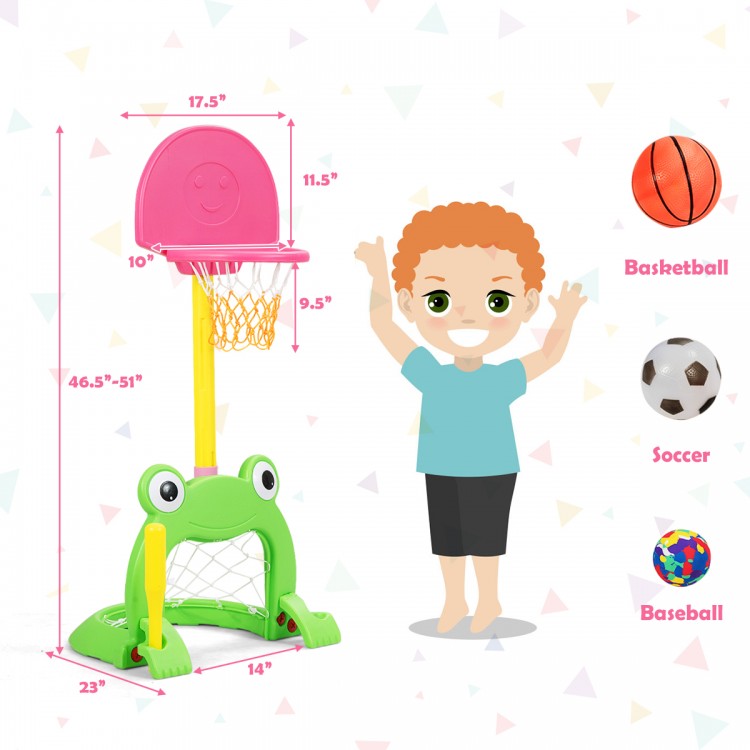 Kids 3-in-1 basketball hoop set with frog design, made of non-toxic materials, suitable for ages 3-8, promotes active.