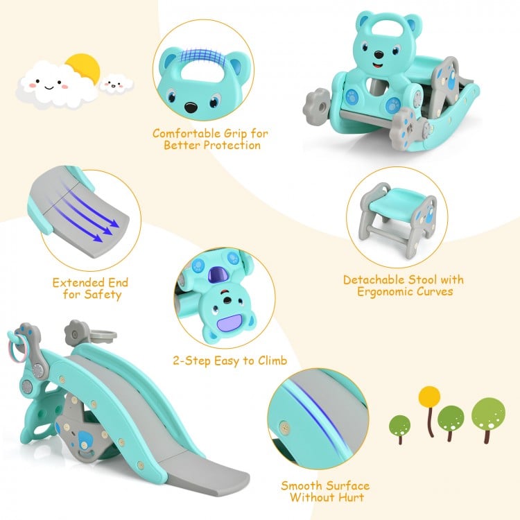 Toddler slide and rocking horse playset in blue, featuring a detachable seat and safe HDPE material for fun playtime.