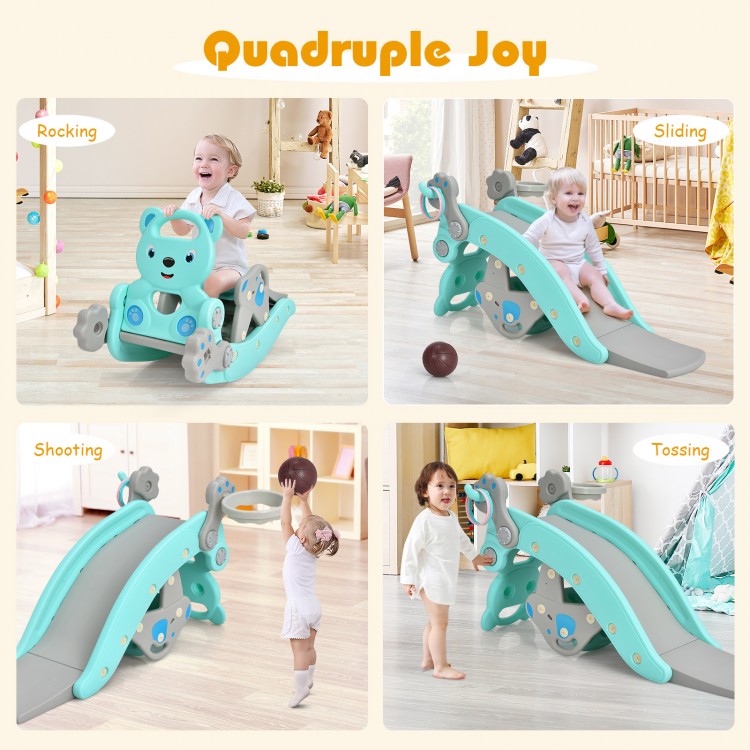 4-in-1 toddler slide and rocking horse playset in blue, featuring basketball hoop and detachable seat for versatile.