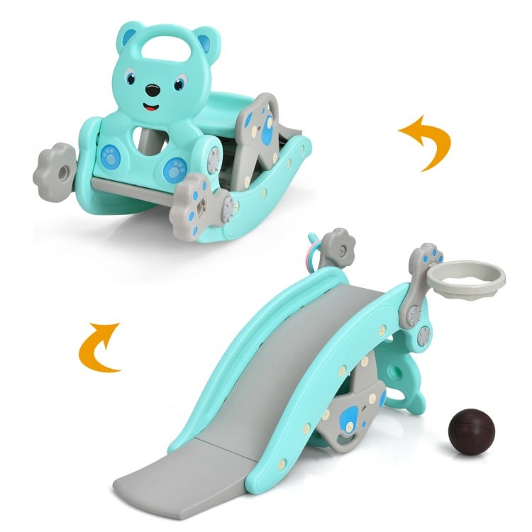 4-in-1 toddler slide and rocking horse playset in blue, featuring a detachable seat and basketball hoop for versatile.
