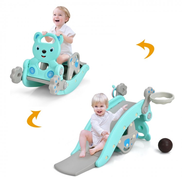 Blue 4-in-1 toddler slide and rocking horse playset with smooth surface for easy cleaning and independent seat use.