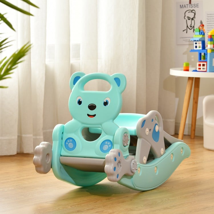 Blue 4-in-1 toddler slide and rocking horse playset made of safe HDPE, featuring a detachable seat for versatile play.