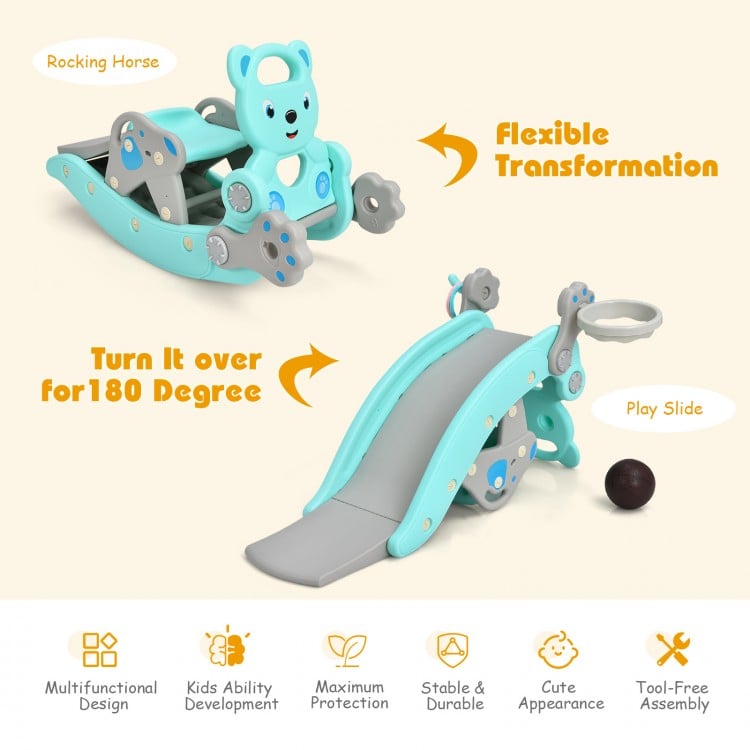 Blue 4-in-1 toddler slide and rocking horse playset, showcasing the flexible transformation from rocking horse to slide.