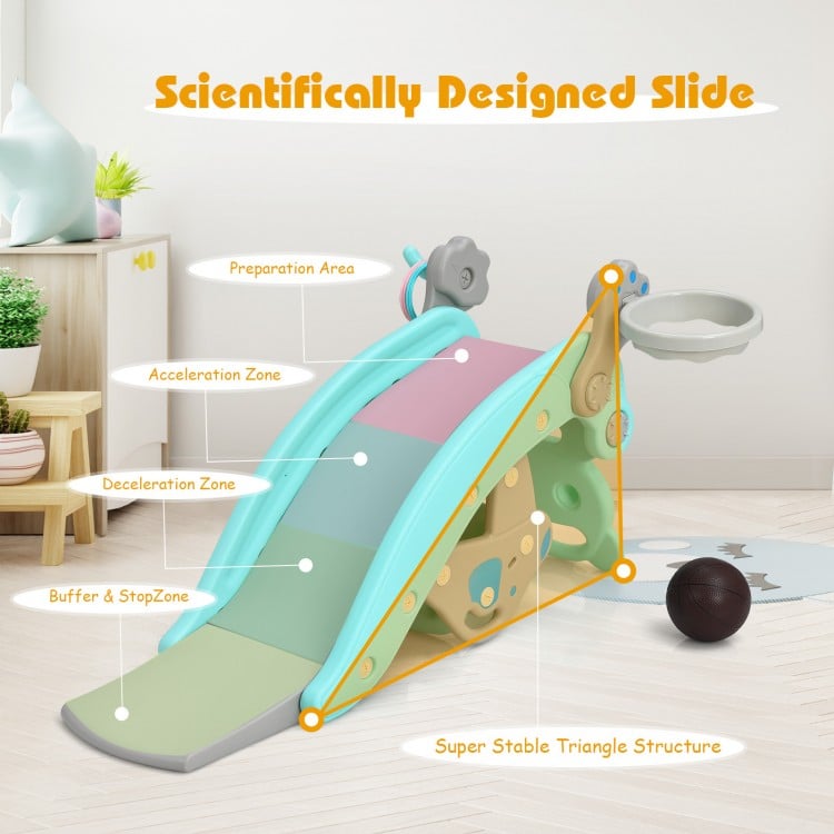 4-in-1 toddler slide and rocking horse playset in blue, featuring a stable triangle structure and multiple play zones.