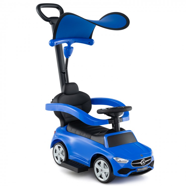 Blue 3-in-1 ride-on push car with canopy, Mercedes-Benz licensed, suitable for children aged 18-36 months.