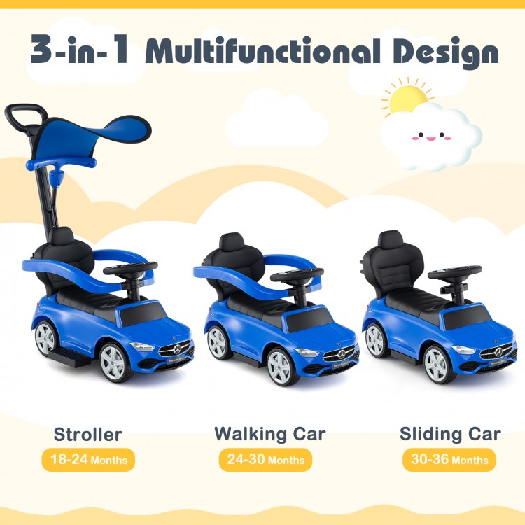 3-in-1 blue Mercedes-Benz ride-on push car with canopy, suitable for children 18-36 months, features steering wheel and.