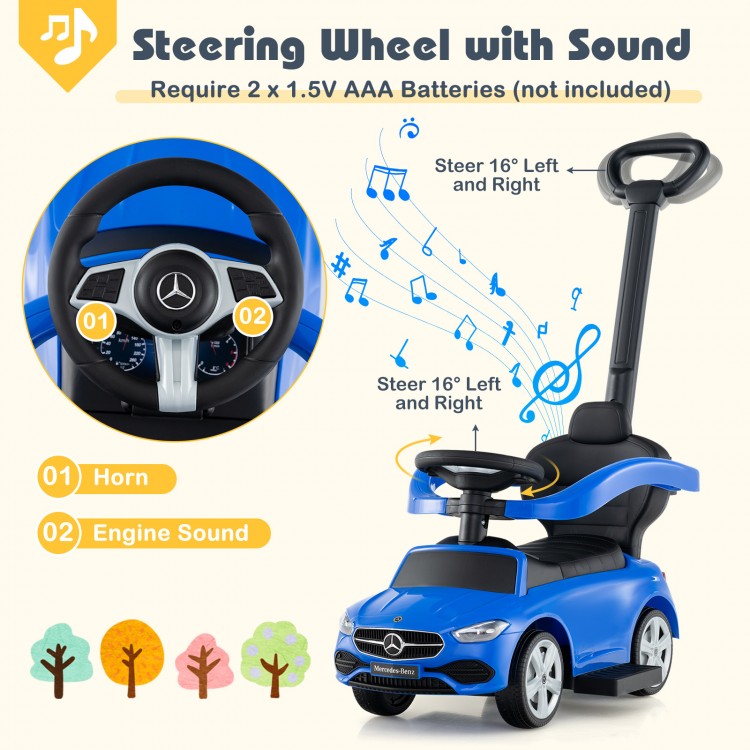 Blue Mercedes-Benz licensed push car features a steering wheel with sound, suitable for kids aged 18-36 months.