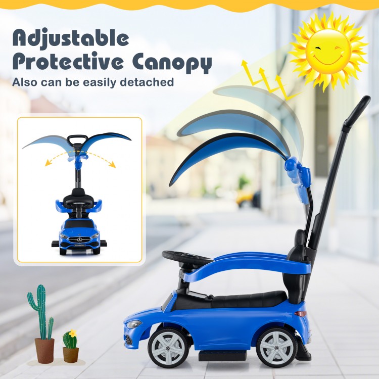Blue 3-in-1 ride-on push car with adjustable canopy, suitable for kids aged 18-36 months, featuring a steering wheel.