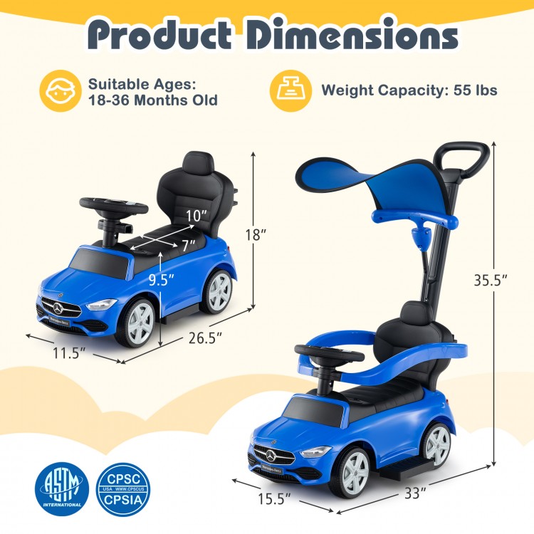 Blue 3-in-1 ride-on push car with canopy, suitable for ages 18-36 months, featuring steering wheel and under-seat.