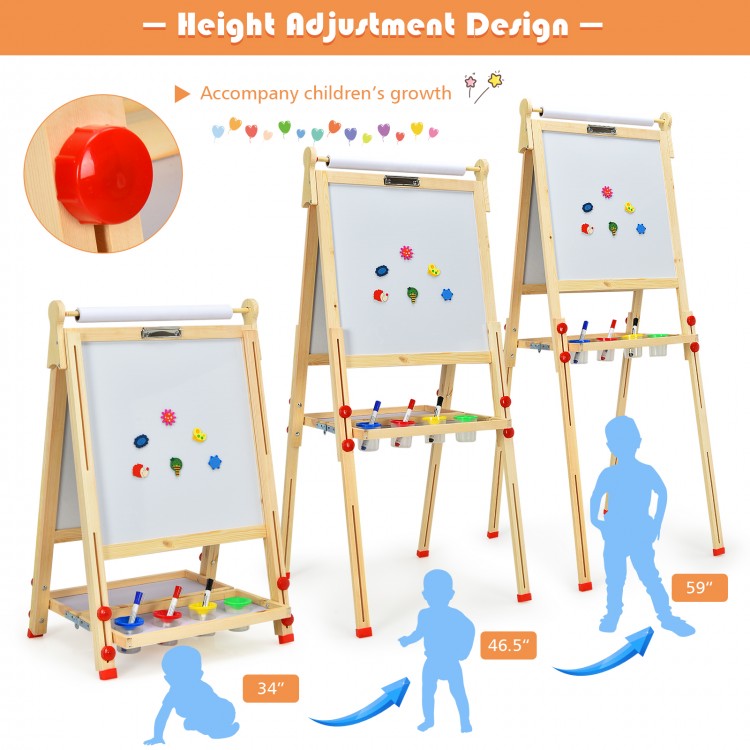 Kids art easel with adjustable height, double-sided blackboard and whiteboard, perfect for creative play and learning.