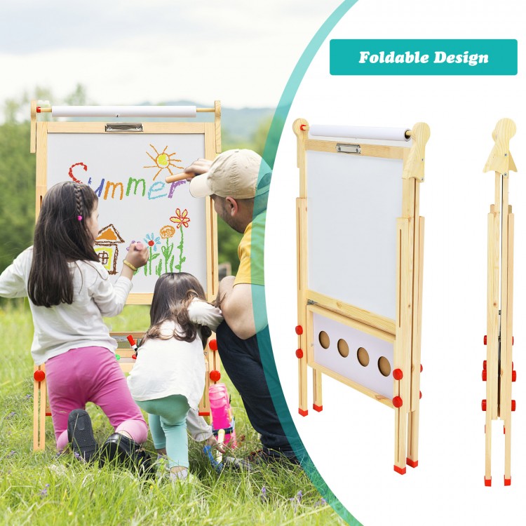 Kids art easel featuring a double-sided design with a paper roll, adjustable height, and sturdy pine wood for stability.