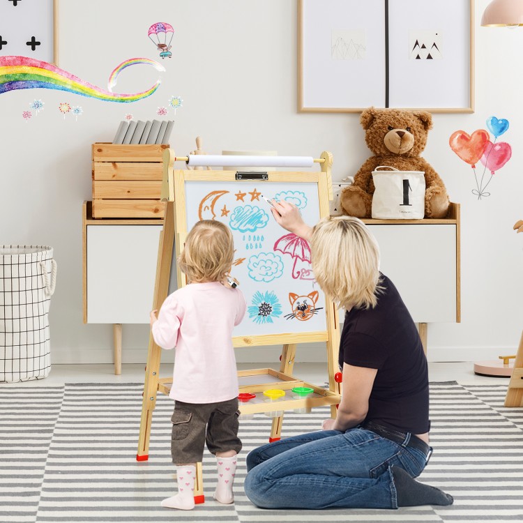 Kids art easel with paper roll, double-sided design, adjustable height, and sturdy pine wood for creative play.