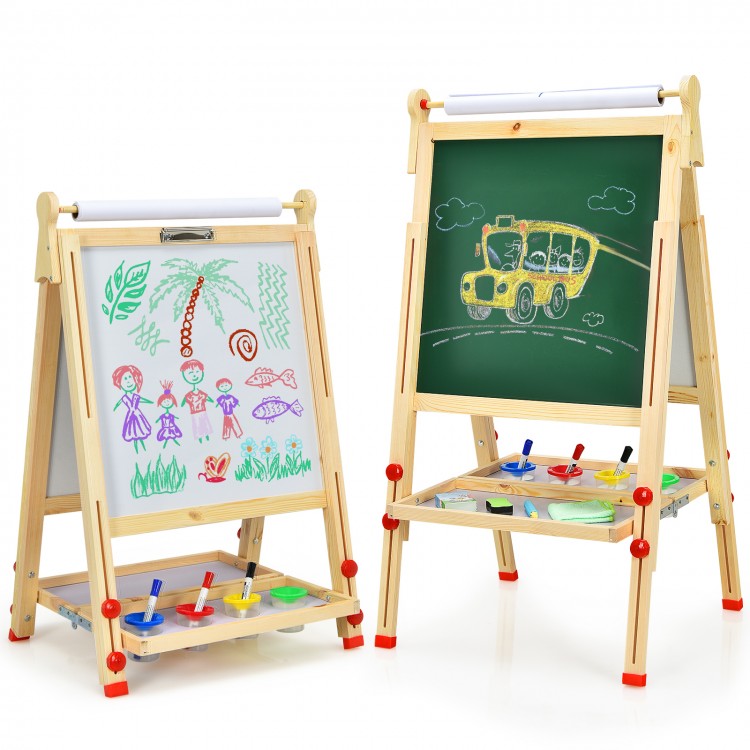 Double-sided kids art easel with blackboard and whiteboard, adjustable height, and storage tray for drawing supplies.