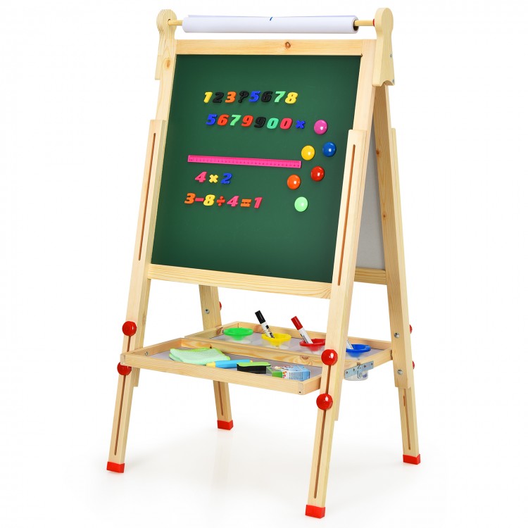 Kids art easel with blackboard and whiteboard, adjustable height, magnetic sides, and storage tray for drawing supplies.