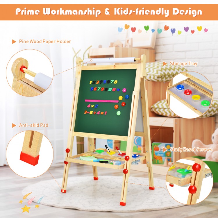 Kids art easel with adjustable height, double-sided blackboard and whiteboard, featuring a storage tray for supplies.