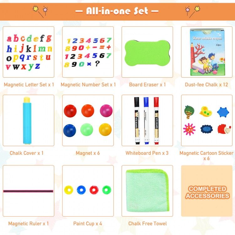 Double-sided kids art easel with blackboard, whiteboard, and paper roll, made of sturdy pine wood for lasting use.