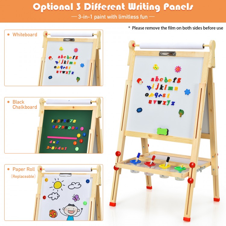 Kids art easel featuring a double-sided whiteboard and blackboard, adjustable height, and paper roll for creative play.