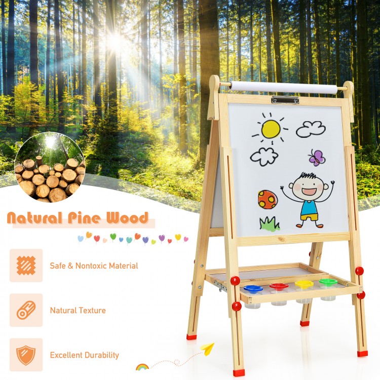 Kids art easel made of natural pine wood with adjustable height, double-sided boards, and storage tray for drawing.