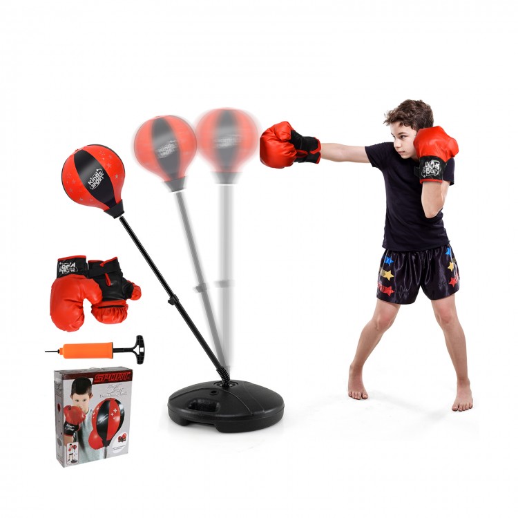 Kids adjustable stand punching bag toy set with red boxing gloves, height 32" to 48.5", for safe exercise and fun.