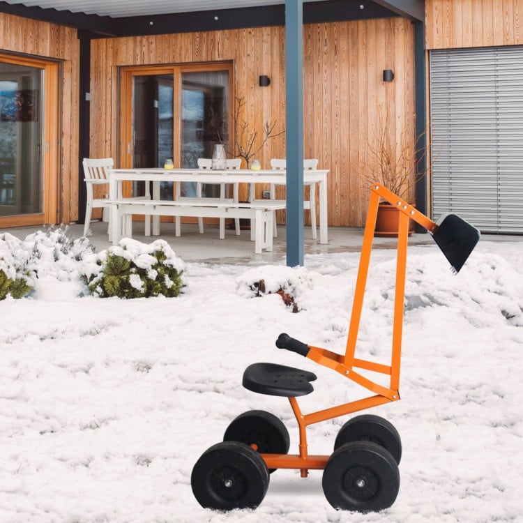 Heavy duty kid ride-on sand digger with sturdy steel frame and 360-degree rotatable seat, perfect for outdoor play.