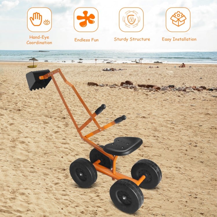 Heavy duty kid ride-on sand digger with sturdy steel frame, rubber handles, and 360-degree rotatable seat for beach fun.