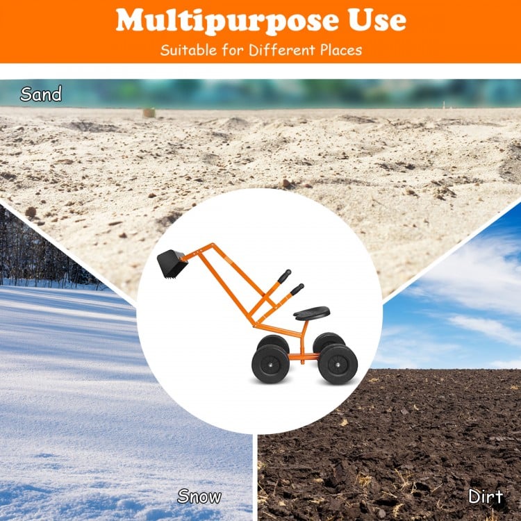 Heavy duty kid ride-on sand digger excavator with sturdy steel frame, suitable for sand, dirt, and snow play.