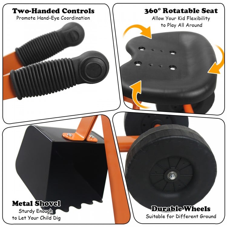 Heavy duty kid ride-on sand digger with 360° rotatable seat, sturdy steel frame, and durable wheels for outdoor play.