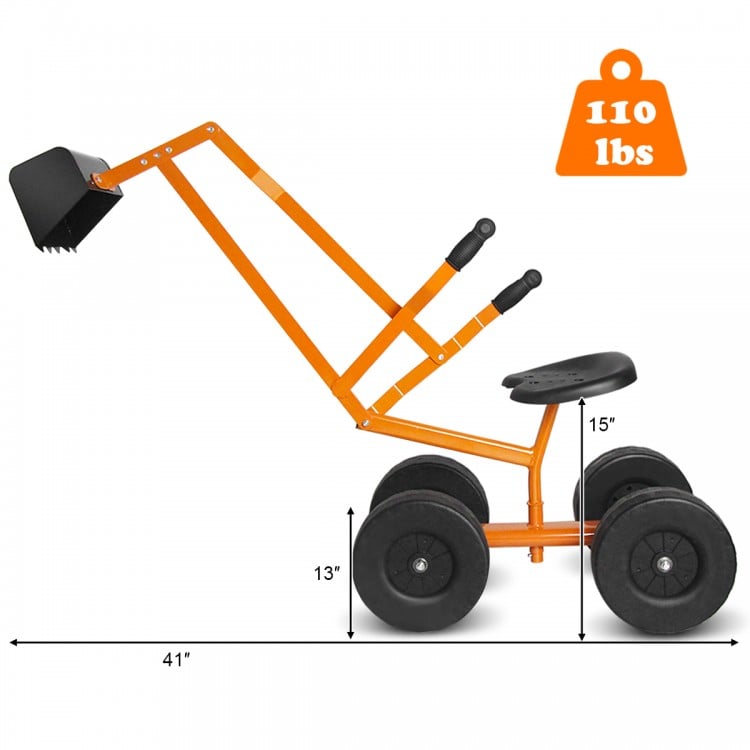 Heavy duty kid ride-on sand digger excavator with sturdy steel frame, 360-degree rotatable seat, perfect for beach play.