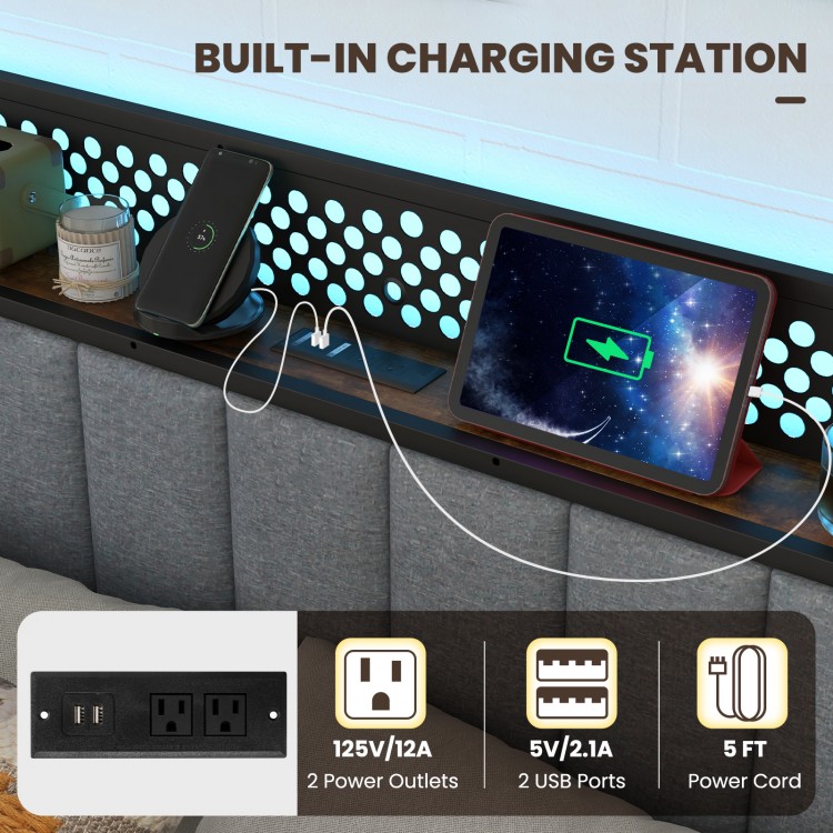 Built-in charging station with 2 AC outlets and 2 USB ports on the upholstered headboard of the twin bed frame.
