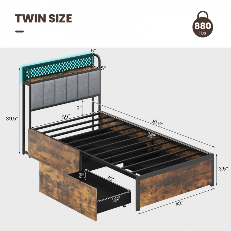 Twin size bed frame with LED lights, upholstered headboard, and 4 storage drawers in rustic wood grain finish.