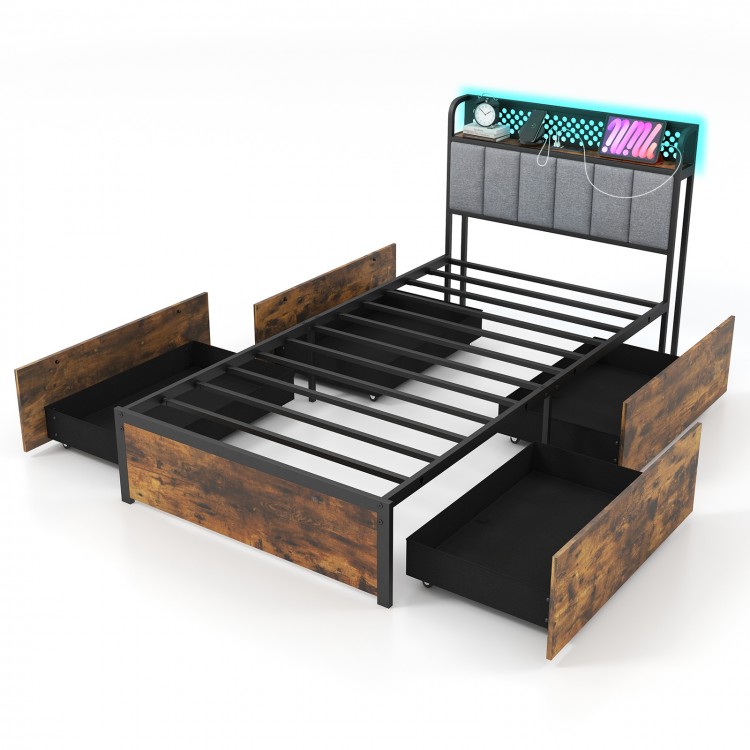 Twin bed frame with upholstered headboard, LED lights, and 4 storage drawers in rustic wood grain finish.