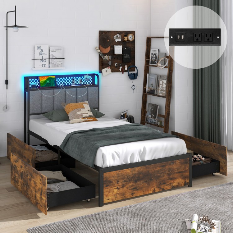 Twin bed frame with LED lights, upholstered headboard, and 4 storage drawers in rustic wood grain finish for stylish.
