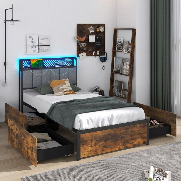 Twin bed frame featuring a stylish upholstered headboard and customizable LED lights with four spacious storage drawers.