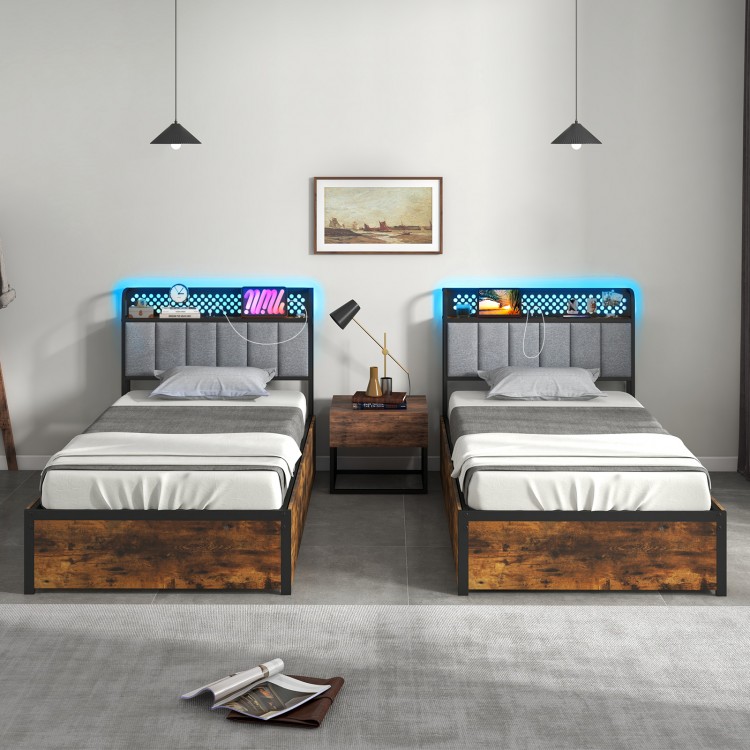 Side view of twin bed frame showcasing the upholstered headboard and rustic wood grain finish with LED lighting.