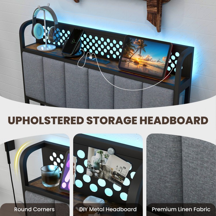 Upholstered storage headboard with LED lights, featuring 4 drawers and a rustic wood grain finish for stylish bedroom.