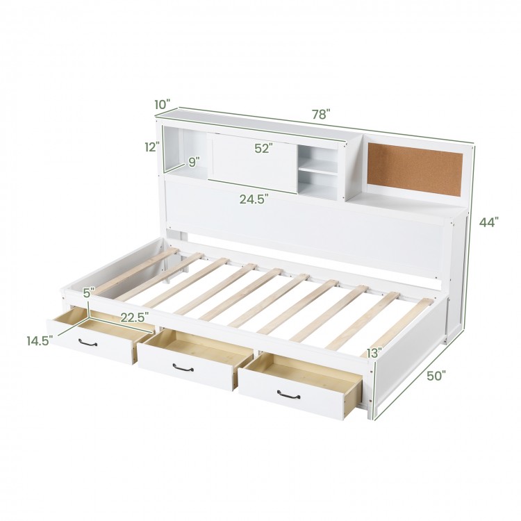 Twin/full size wooden daybed with detailed dimensions, highlighting 3 large drawers and sturdy plywood slats for.