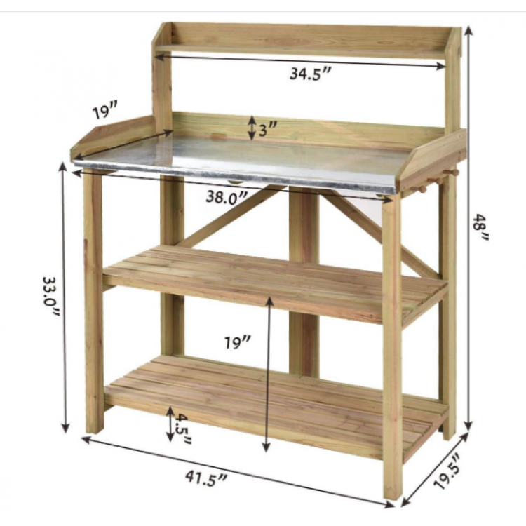 Dimensions of the Garden Wooden Planting Bench Work Station, featuring a metal top shelf and two wooden lower shelves.