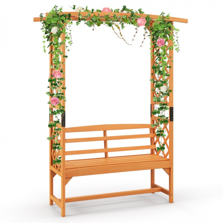 Wooden garden arbor with a 2-seat bench, made of fir wood, perfect for climbing plants and backyard decoration.