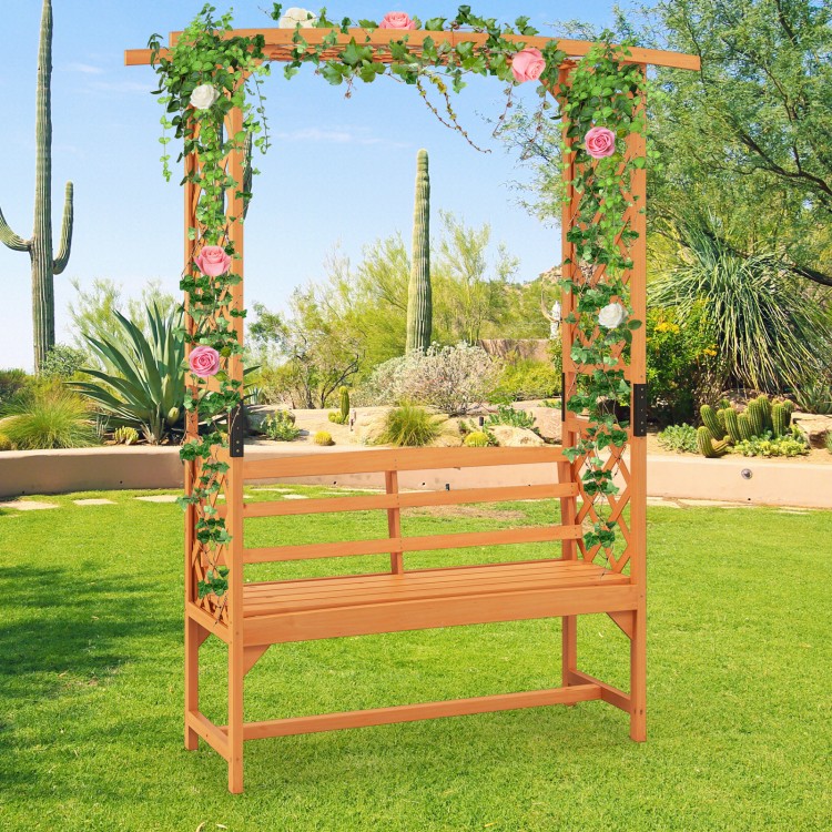 Detail shot of the 6.5 FT tall patio garden arbor's smooth fir wood finish and elegant side climbing trellises for.