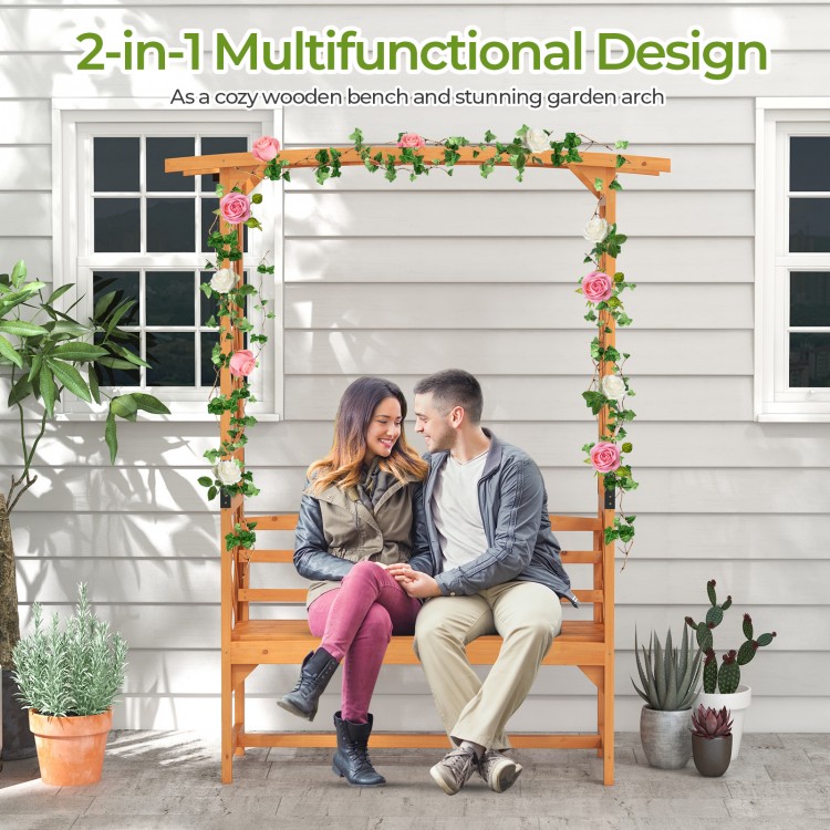 Cozy 2-seat bench with a garden arbor, made of natural fir wood, perfect for backyard decoration and climbing plants.