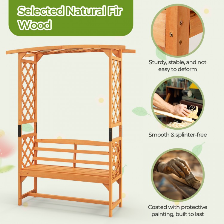 6.5 FT tall patio garden arbor with a 2-seat bench, made of natural fir wood, perfect for garden decoration.