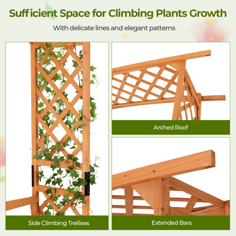 6.5 FT tall patio garden arbor with arched roof and side climbing trellises, made of natural fir wood for plant growth.