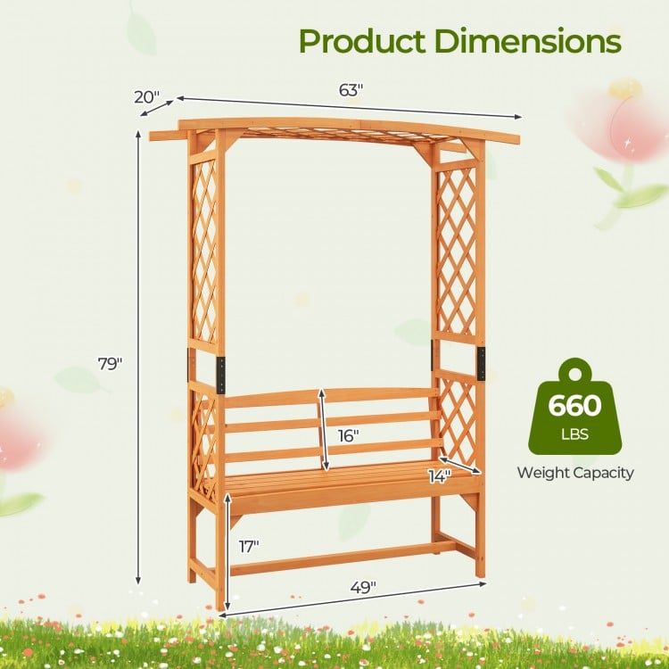 Dimensions of the 6.5 FT tall patio garden arbor with a 2-seat bench, made of natural fir wood for backyard decoration.