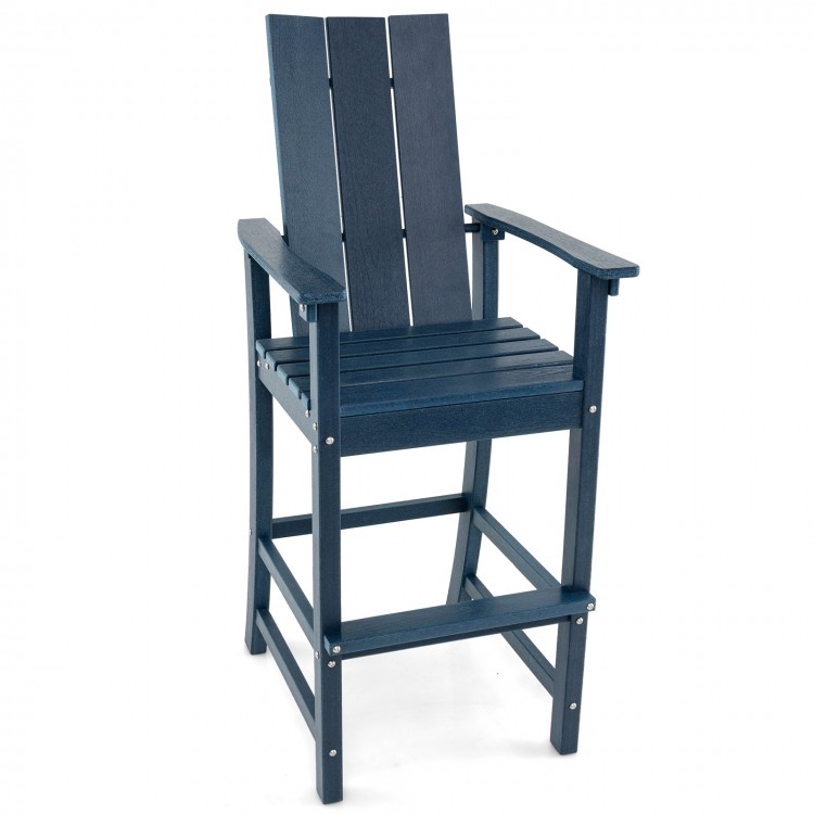 Tall blue Adirondack bar stool with ergonomic backrest and wide armrests, perfect for outdoor backyard seating.