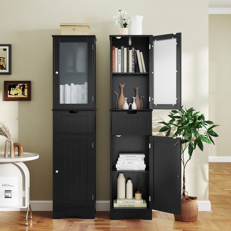 Tall black floor storage cabinet showcasing adjustable shelves and a drawer, ideal for stylish and compact bathroom.